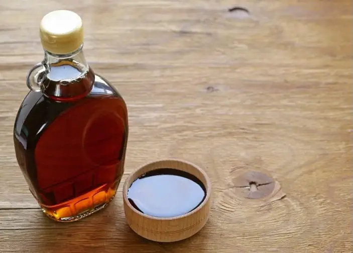 Maple syrup in a glass bottle