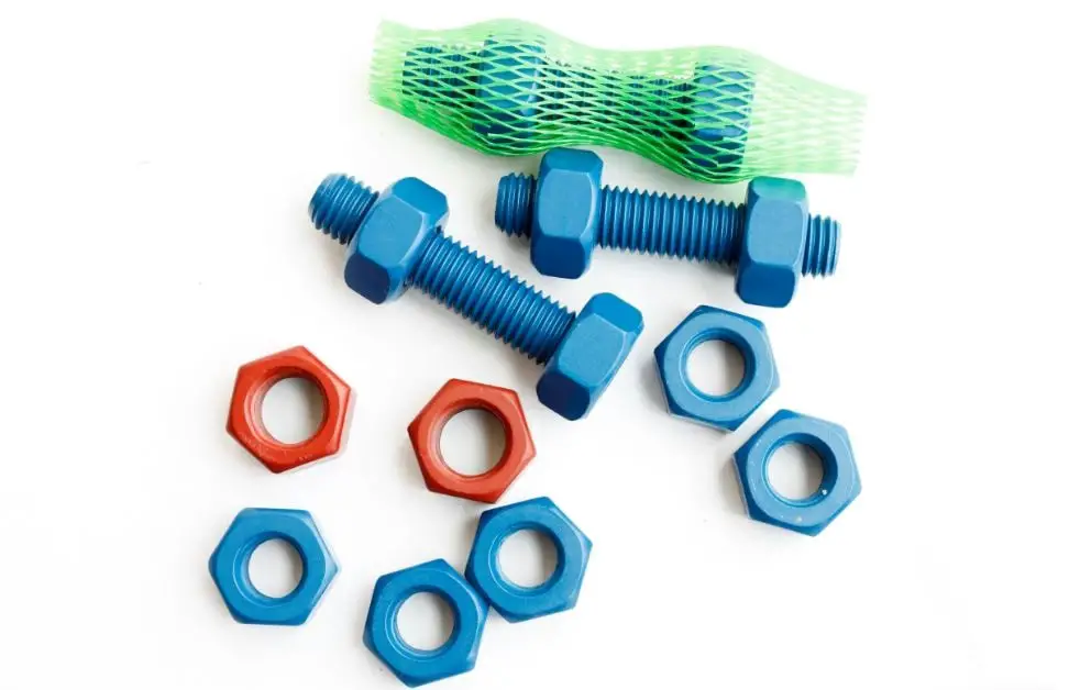 Bolt and nut in blue coated with PTFE